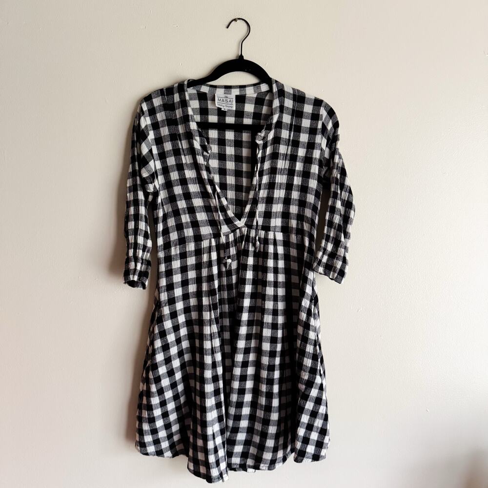 Masai Black + White Check Print Mini Dress Small Cotton Linen Rocker Edgy
